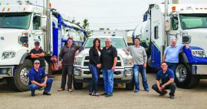 The Supreme Vac crew, from left standing, Al Charest, mechanic/equipment operator; Braydon Jeske, foreman/equipment operator; Glenda Jeske, owner; Terry Jeske, owner/operations manager; Bryce Jeske, foreman/equipment operator; Andrew Herman, safety administrator. Kneeling, Ryan Dorchak, equipment operator; Dan Lin, safety coordinator.