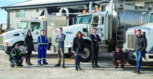 The staff at TKS Industries in Lacombe, Alberta, from left, Tim Moen, head mechanic; Chantel Paetkau, front receptionist; Matt Scott-Wade, apprentice mechanic; Tim Holt, sales; Theresa Stec, president/CEO; Kristian Stec, vice president of operations; Dustin Steegs, lead welder; and Jonathan Armstrong, engineer.

